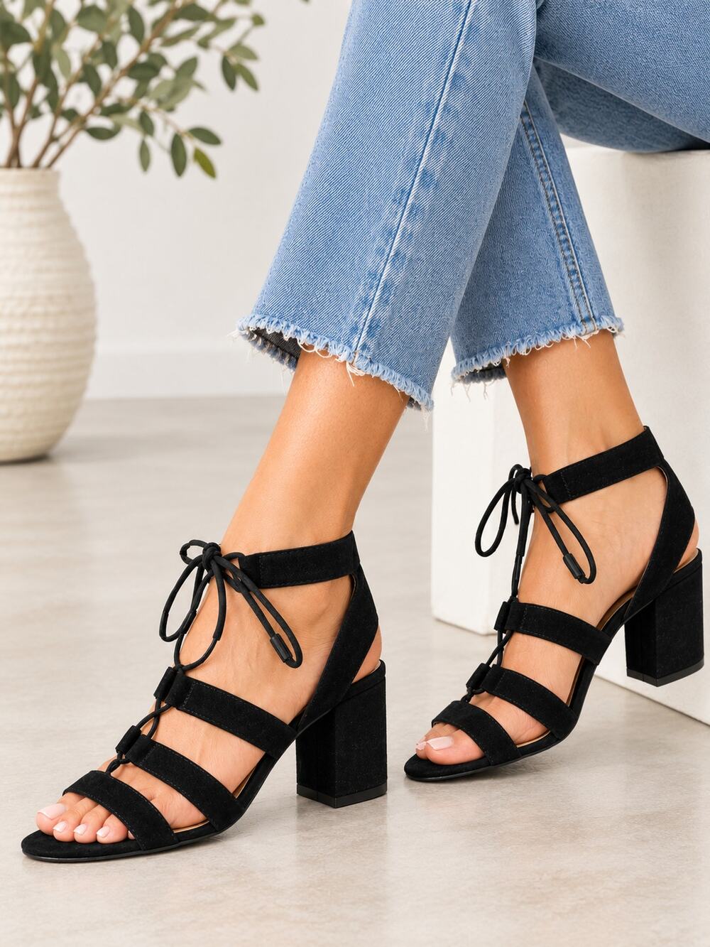 Nine West Gazania Lace Up Suede Dress Sandals Gladiator Black Women's Size 7.5